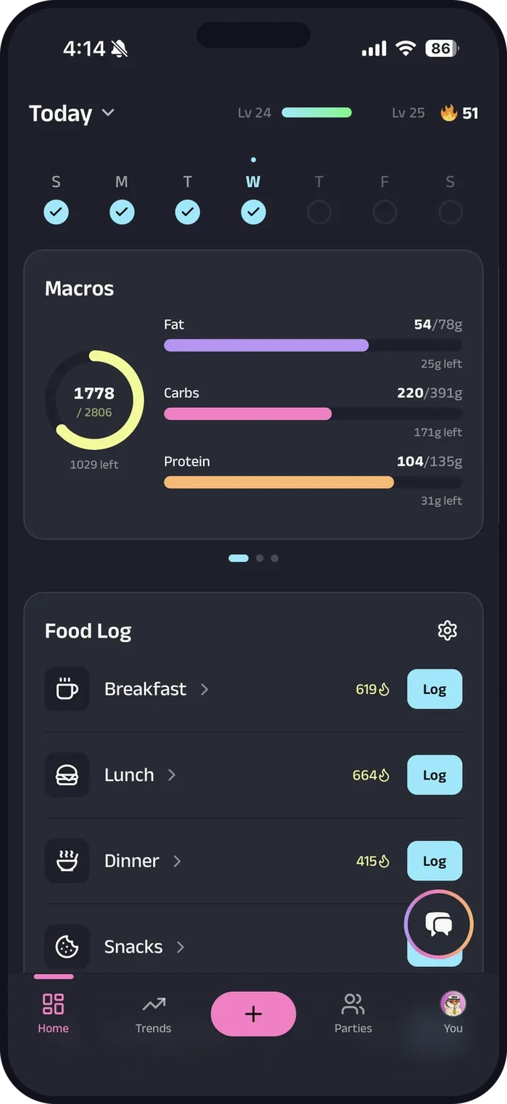 Macros.gg home screen showing macro progress and a food log