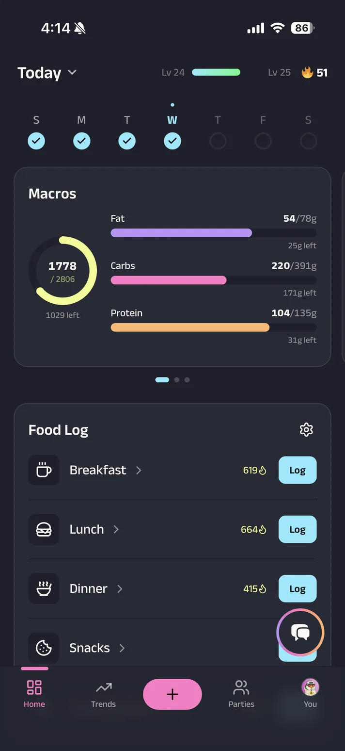 OnlyMacros home screen showing macro progress and a food log